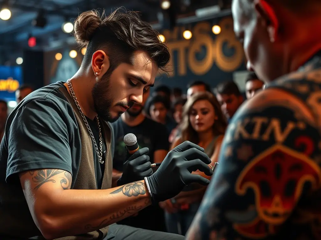 A photograph capturing a live tattooing session at a TREW NORMAND cultural event, showcasing an artist at work with an engaged audience observing.