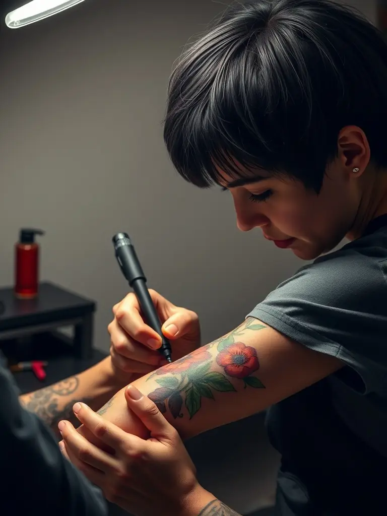 A photograph capturing a tattoo artist in action at a past TREW NORMAND event, showcasing their skill and creativity.