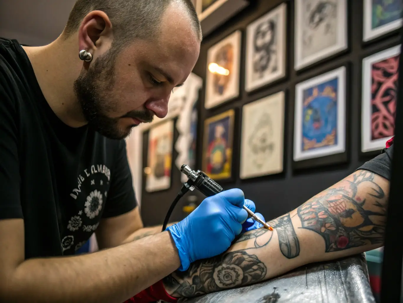 A vibrant photograph capturing a live tattooing session at a TREW NORMAND event, showcasing an artist at work and attendees observing with interest. The image should convey the energy and creativity of the event.