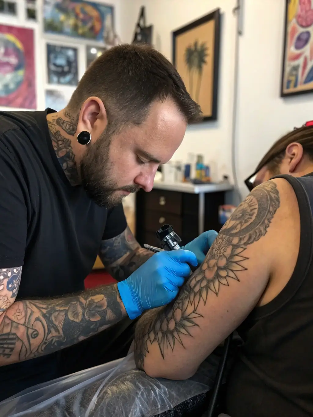 A dynamic image of a live tattoo art performance, highlighting the energy and artistry of the event.