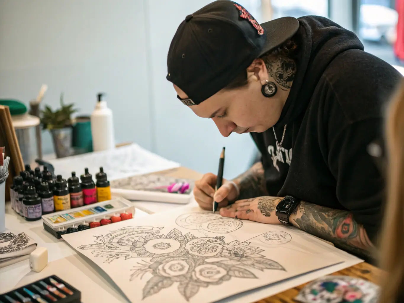A photograph of a community workshop led by a tattoo artist, teaching basic drawing and design skills to participants.