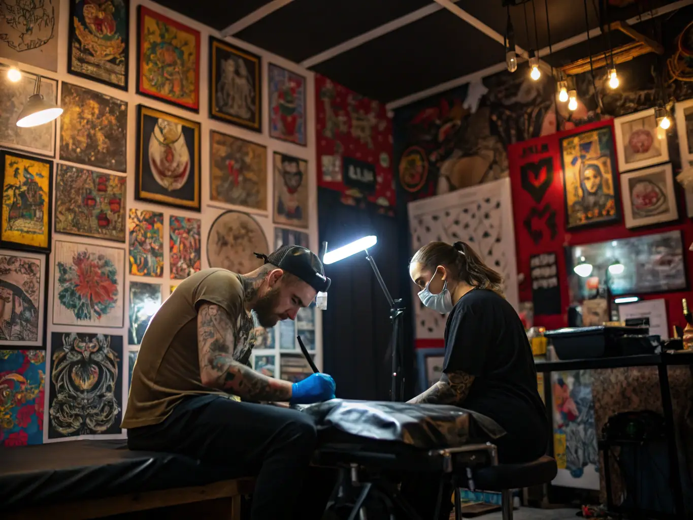 A captivating image of a tattoo art exhibition organized by TREW NORMAND, featuring a diverse range of styles and techniques.