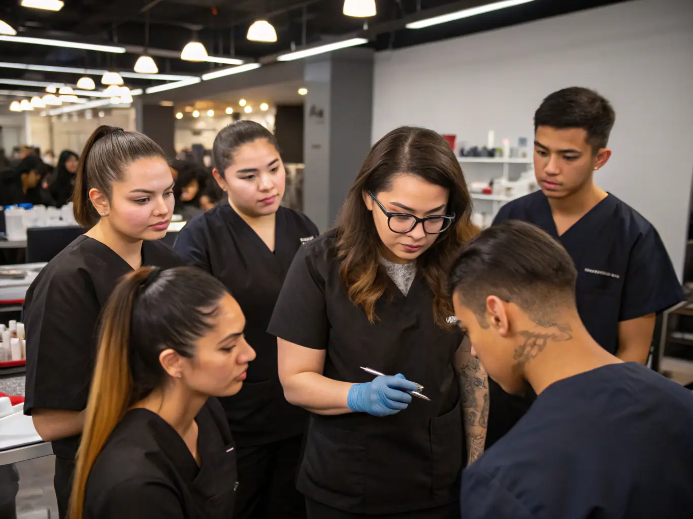 A photograph of a TREW NORMAND organized workshop, with participants actively learning about tattoo art techniques and history.