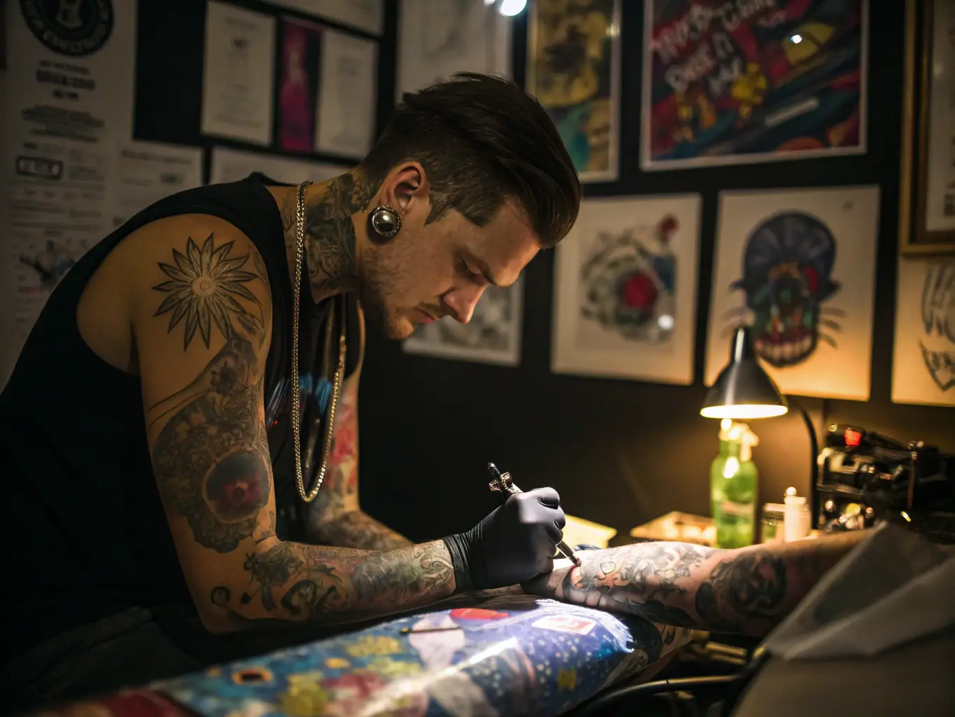 A vibrant photograph capturing a tattoo artist at work during a TREW NORMAND event, showcasing the creative process and the artist's dedication.