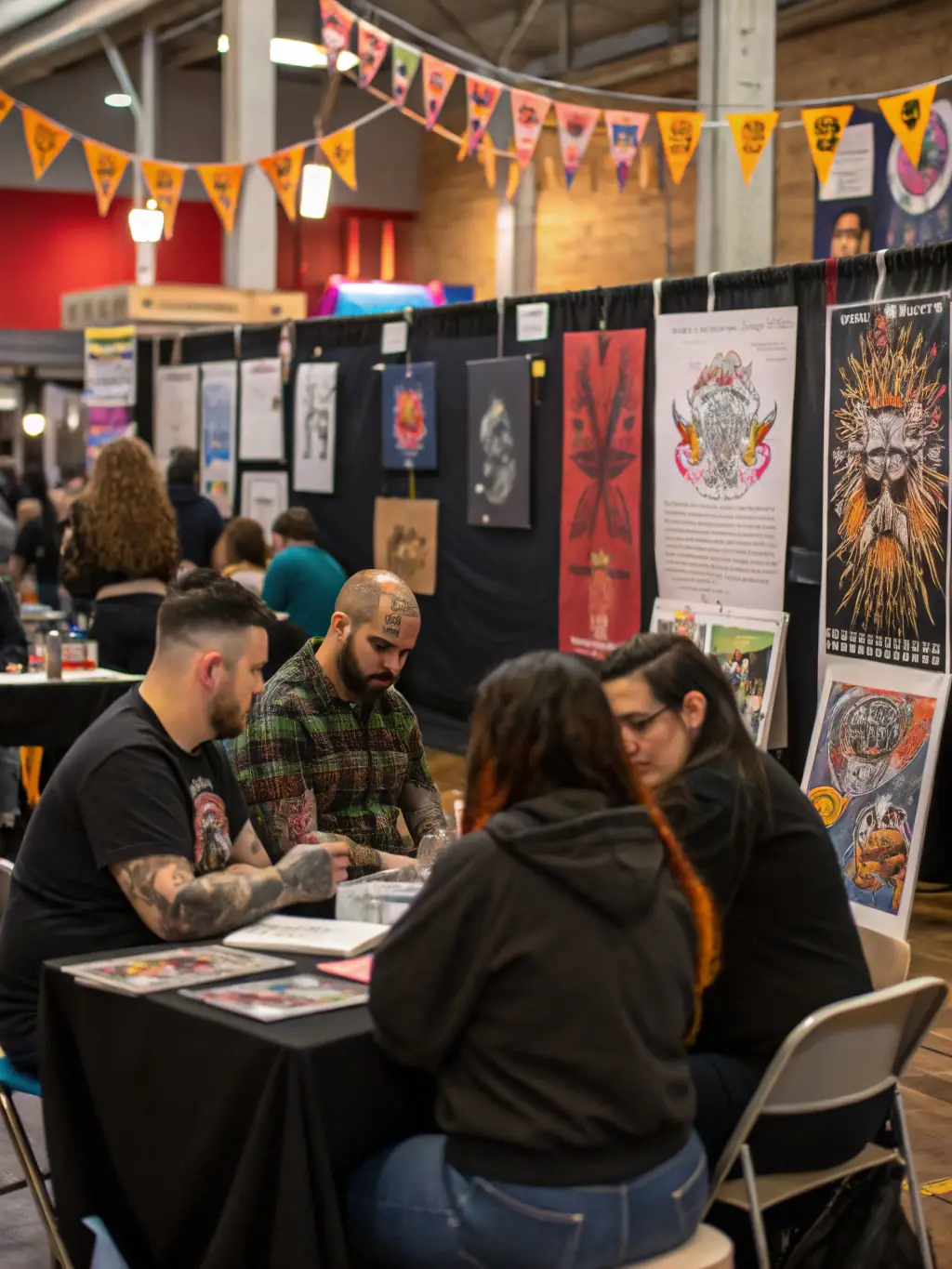 A photograph of a diverse group of people enjoying a TREW NORMAND tattoo event, highlighting the community aspect.
