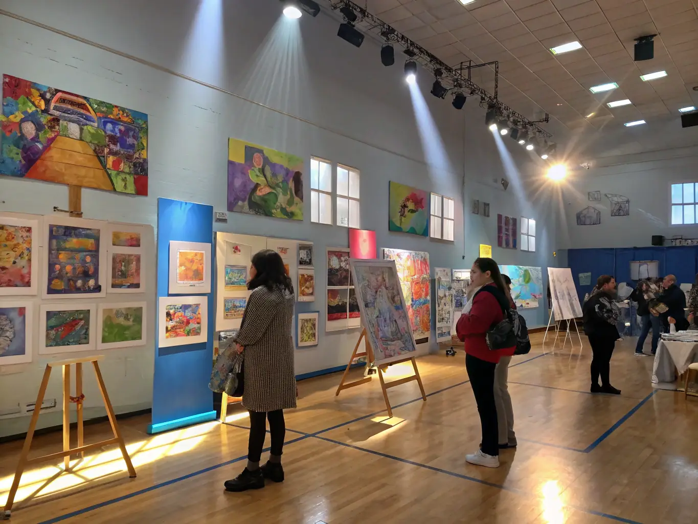 A photograph of an art exhibition organized by TREW NORMAND, featuring tattoo-inspired artwork and installations. The image should highlight the diversity and creativity of the exhibited pieces.